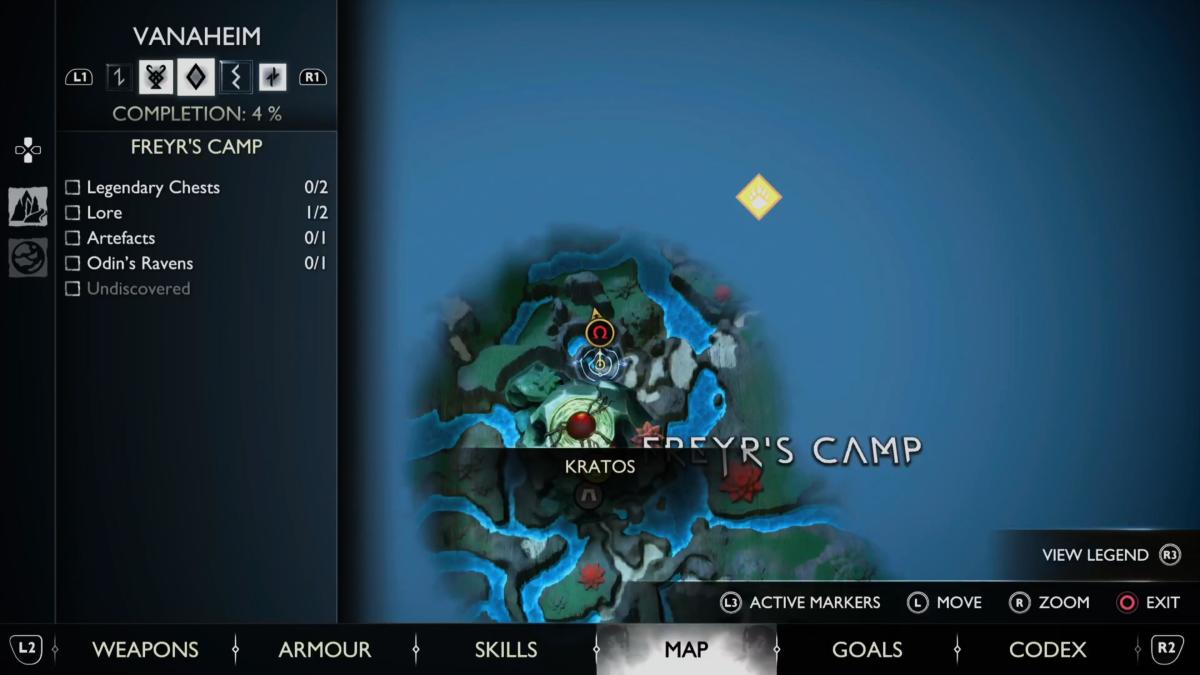 A map view of the raven in Freyr's Camp in God of War Ragnarok.